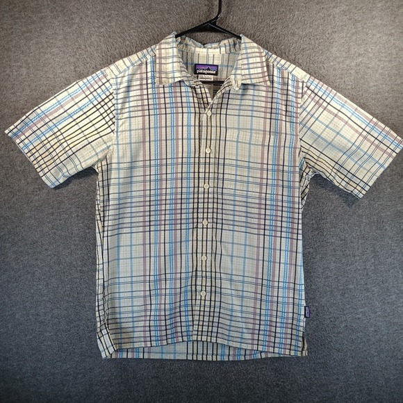 Patagonia Other - Patagonia Puckerware Shirt Men S Blue Black Purple Plaid Seersucker Button Up SS